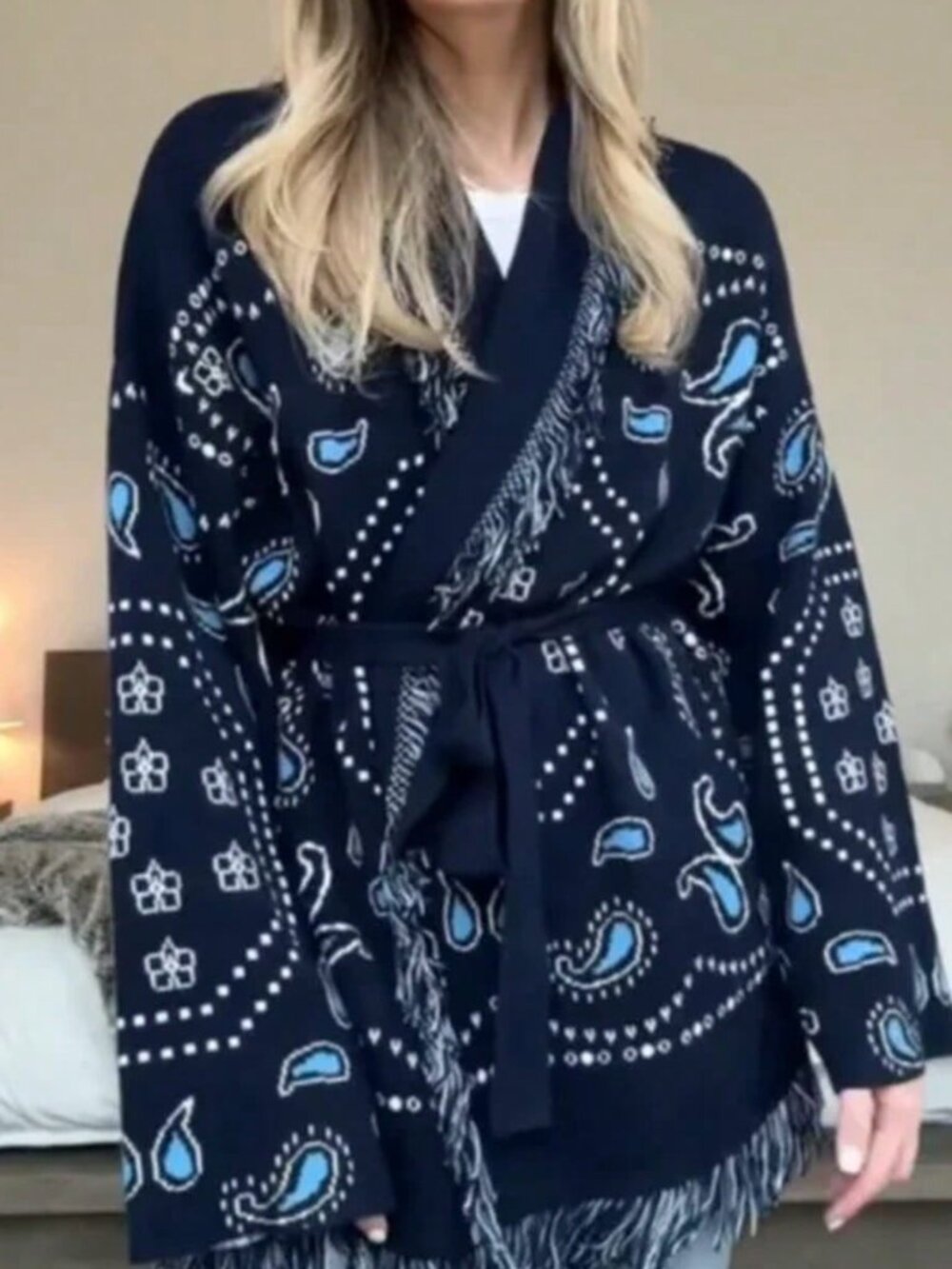 A Dark Blue Casual Women's Tassel Patchwork Printed Cardigan